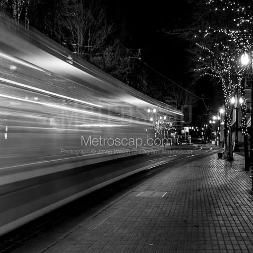 Matte Black MDF Framed Black and White Portland Photograph: A Streetcar Streaking Down Yamhill Street in a Square Matte Black MDF Frame