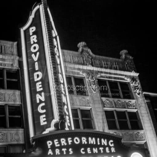Matte Black MDF Framed Black and White Providence Photograph: The Providence Performing Arts Center Sign in a Square Matte Black MDF Frame