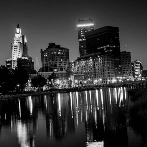 Matte Black MDF Framed Black and White Providence Photograph: The Providence Skyline at Twilight in a Square Matte Black MDF Frame