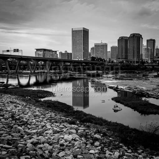 Matte Black MDF Framed Black and White Richmond Photograph: The Richmond Skyline in the Afternoon in a Square Matte Black MDF Frame