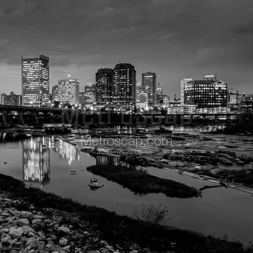 Matte Black MDF Framed Black and White Richmond Photograph: Richmond Virginia Skyline at Dusk in a Square Matte Black MDF Frame