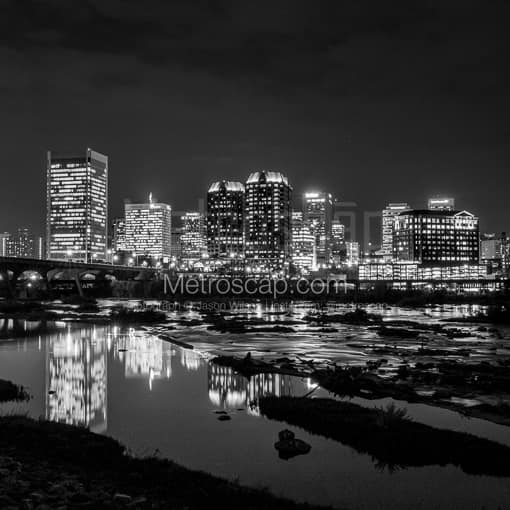 Matte Black MDF Framed Black and White Richmond Photograph: The Richmond Skyline at Night over the James River in a Square Matte Black MDF Frame
