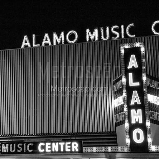 Matte Black MDF Framed Black and White San Antonio Photograph: The Alamo Music Center in a Square Matte Black MDF Frame
