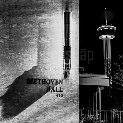 Matte Black MDF Framed Black and White San Antonio Photograph: Beethoven Hall and the Tower of the Americas in a Square Matte Black MDF Frame