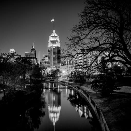 Matte Black MDF Framed Black and White San Antonio Photograph: The Tower Life Building and San Antonio River in a Square Matte Black MDF Frame