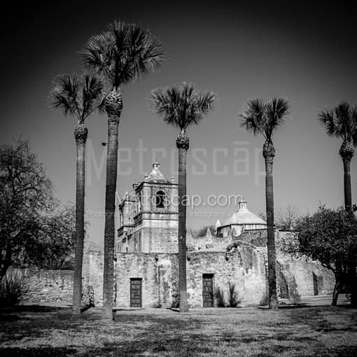 Matte Black MDF Framed Black and White San Antonio Photograph: Mission Concepcion in a Square Matte Black MDF Frame