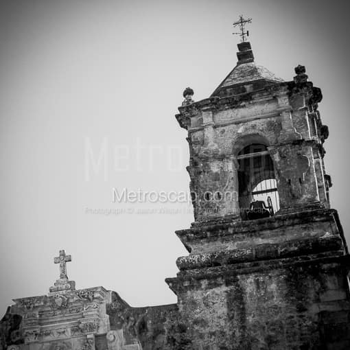 Matte Black MDF Framed Black and White San Antonio Photograph: Mission San Jose in a Square Matte Black MDF Frame