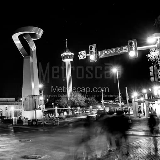 Matte Black MDF Framed Black and White San Antonio Photograph: Pedestrians Cross East Commerce Street in a Square Matte Black MDF Frame