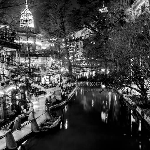 Matte Black MDF Framed Black and White San Antonio Photograph: An Overhead View of River Walk in a Square Matte Black MDF Frame