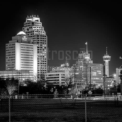 Matte Black MDF Framed Black and White San Antonio Photograph: The San Antonio Skyline in a Square Matte Black MDF Frame