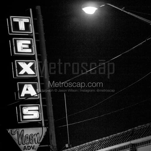 Matte Black MDF Framed Black and White San Antonio Photograph: The Texas Neon Advertising Sign in a Square Matte Black MDF Frame