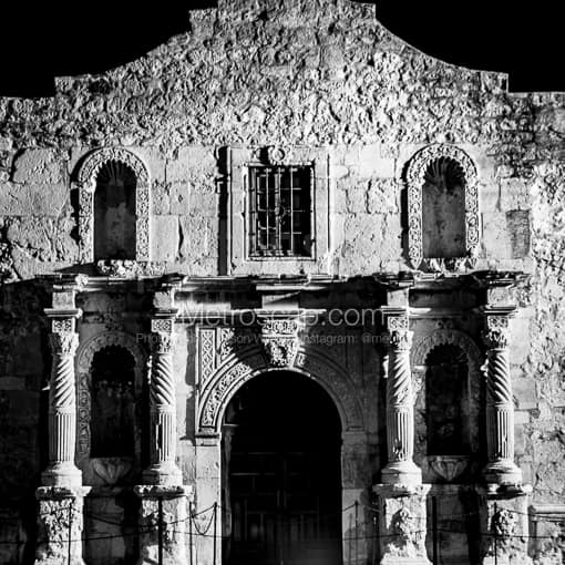 Matte Black MDF Framed Black and White San Antonio Photograph: The Alamo Facade in a Square Matte Black MDF Frame