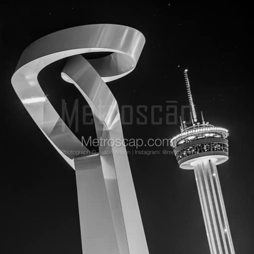 Matte Black MDF Framed Black and White San Antonio Photograph: The Torch of Friendship and Tower of the Americas in a Square Matte Black MDF Frame