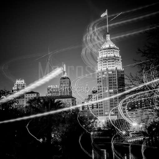Matte Black MDF Framed Black and White San Antonio Photograph: Fun With Light and the Tower Life Building in a Square Matte Black MDF Frame