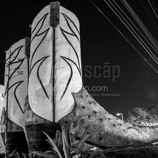 Matte Black MDF Framed Black and White San Antonio Photograph: The Worlds Largest Cowboy Boots in a Square Matte Black MDF Frame