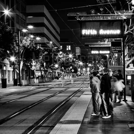 Matte Black MDF Framed Black and White San Diego Photograph: The Fifth Avenue Blue Line Station in San Diego in a Square Matte Black MDF Frame