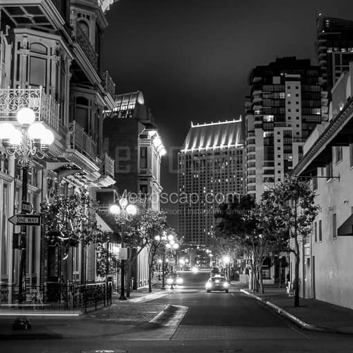 Matte Black MDF Framed Black and White San Diego Photograph: Looking Down Island Avenue from 4th Ave in a Square Matte Black MDF Frame