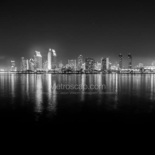 Matte Black MDF Framed Black and White San Diego Photograph: The San Diego Skyline from Coronado Island at Night in a Square Matte Black MDF Frame