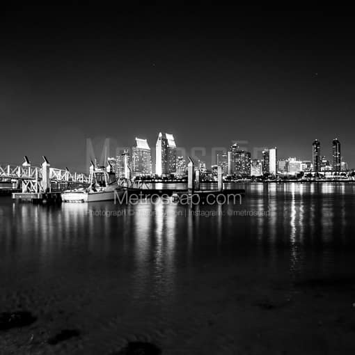 Matte Black MDF Framed Black and White San Diego Photograph: The San Diego Skyline from the Coronado Island Ferry Landing in a Square Matte Black MDF Frame