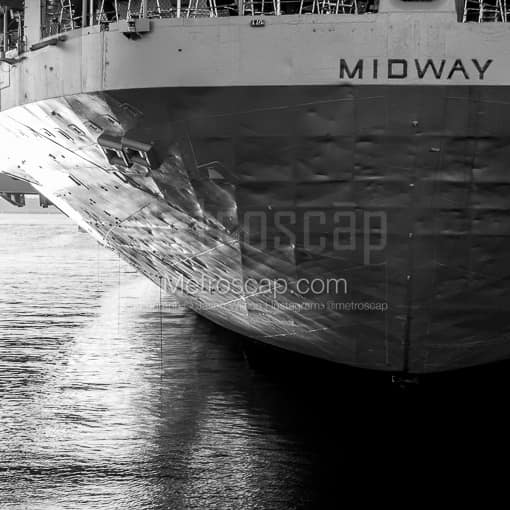 Matte Black MDF Framed Black and White San Diego Photograph: The Stern of the USS Midway in a Square Matte Black MDF Frame