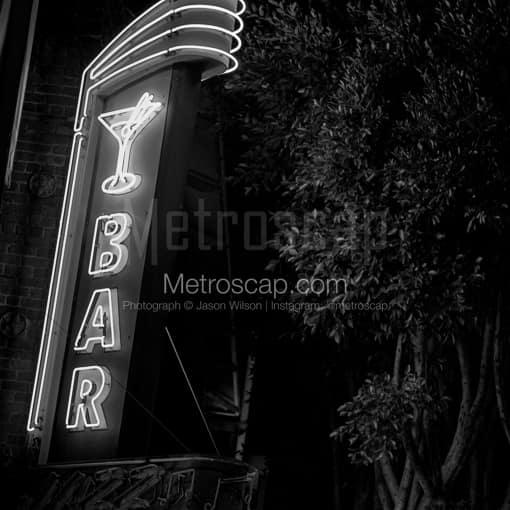 Matte Black MDF Framed Black and White San Francisco Photograph: The BAR sign above the Dirty Martini in San Francisco in a Square Matte Black MDF Frame