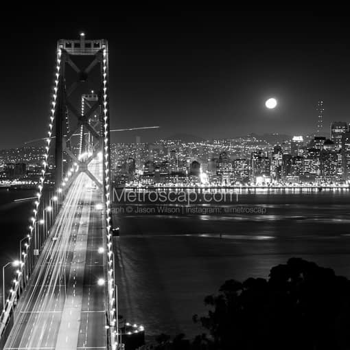 Matte Black MDF Framed Black and White San Francisco Photograph: The San Francisco Bay Bridge from Yerba Buena Island in a Square Matte Black MDF Frame