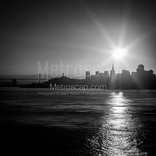Matte Black MDF Framed Black and White San Francisco Photograph: A Back-lit Bay Bridge and San Francisco Skyline at Dawn in a Square Matte Black MDF Frame