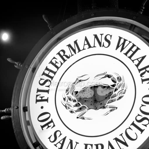 Matte Black MDF Framed Black and White San Francisco Photograph: The Iconic Fishermans Wharf Sign in a Square Matte Black MDF Frame