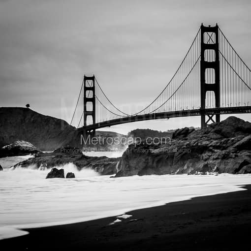 Matte Black MDF Framed Black and White San Francisco Photograph: The Golden Gate Bridge from Baker Beach in a Square Matte Black MDF Frame