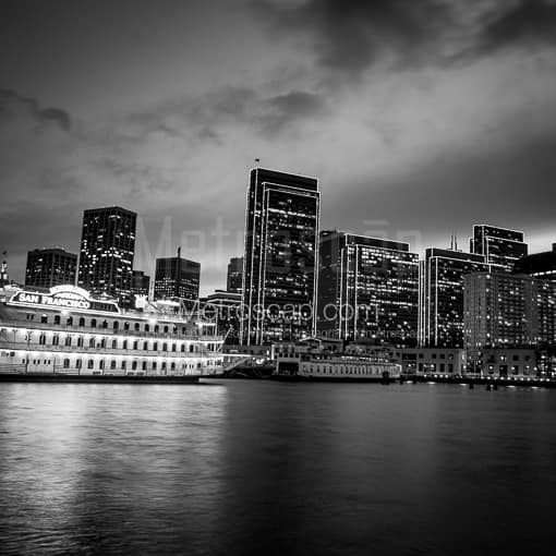 Matte Black MDF Framed Black and White San Francisco Photograph: The Hornblower Booze Cruise Ship in San Francisco Bay in a Square Matte Black MDF Frame