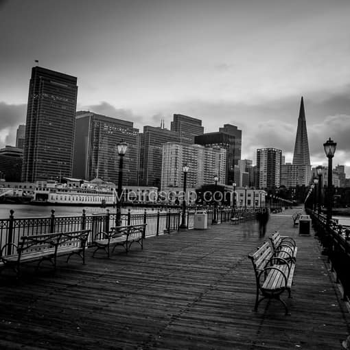 Matte Black MDF Framed Black and White San Francisco Photograph: Park Benches Line the Edges of Pier 7 in San Francisco in a Square Matte Black MDF Frame