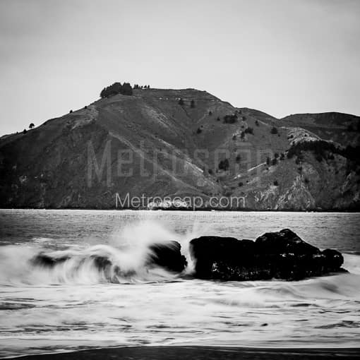 Matte Black MDF Framed Black and White San Francisco Photograph: Small Waves Crash on to Baker Beach in a Square Matte Black MDF Frame