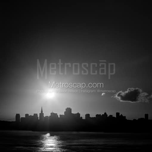 Matte Black MDF Framed Black and White San Francisco Photograph: The Sun Rises Above the San Francisco Skyline in a Square Matte Black MDF Frame