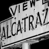 View Alcatraz Sign Fishermans Wharf Black and White Square View Alcatraz Sign Fishermans Wharf black and white