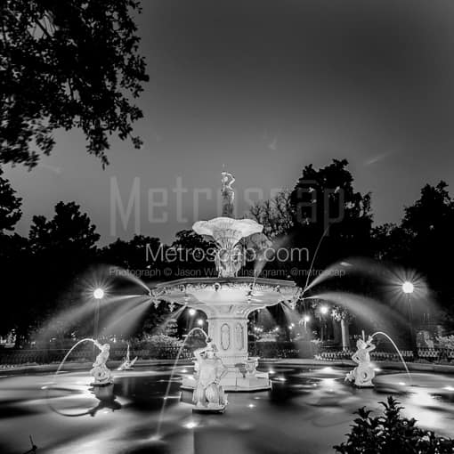 Matte Black MDF Framed Black and White Savannah Photograph: The Forsyth Fountain in Savannah in a Square Matte Black MDF Frame