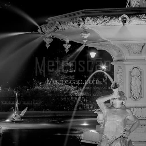 Matte Black MDF Framed Black and White Savannah Photograph: Forsyth Fountain Close Up Left in a Square Matte Black MDF Frame