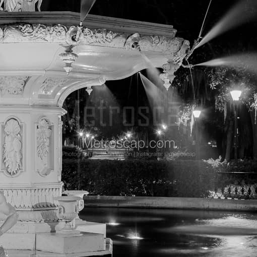 Matte Black MDF Framed Black and White Savannah Photograph: Forsyth Fountain Close Up Right in a Square Matte Black MDF Frame