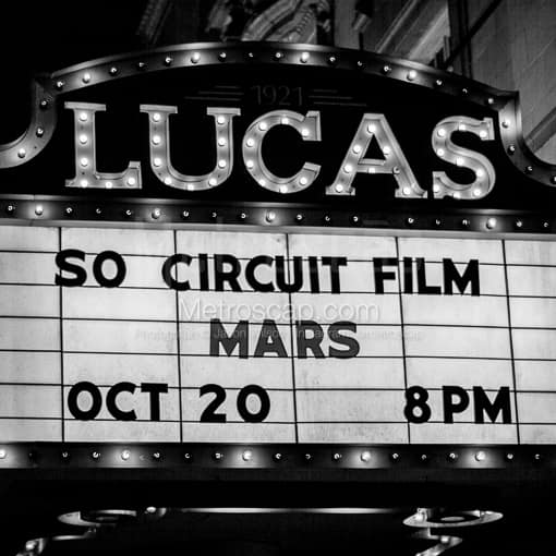 Matte Black MDF Framed Black and White Savannah Photograph: The Lucas Theater in a Square Matte Black MDF Frame