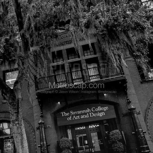 Matte Black MDF Framed Black and White Savannah Photograph: The Savannah College of Art and Design in a Square Matte Black MDF Frame