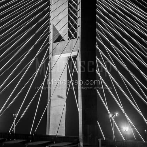 Matte Black MDF Framed Black and White Savannah Photograph: Cable Supports on the Talmadge Bridge in a Square Matte Black MDF Frame