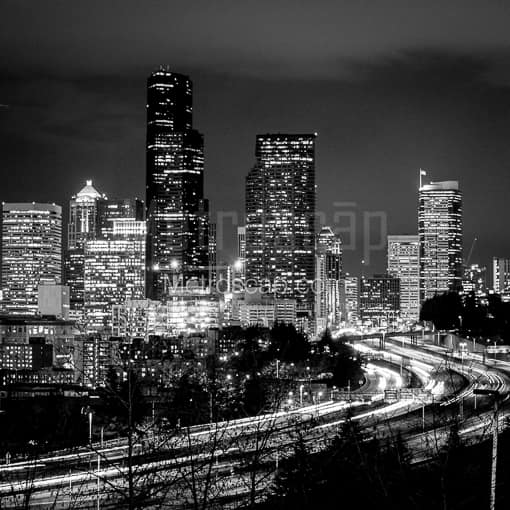 Matte Black MDF Framed Black and White Seattle Photograph: The Seattle Skyline from Rizal Park in a Square Matte Black MDF Frame