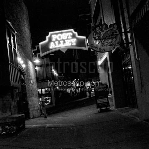 Matte Black MDF Framed Black and White Seattle Photograph: Post Alley at the Seattle Public Market in a Square Matte Black MDF Frame