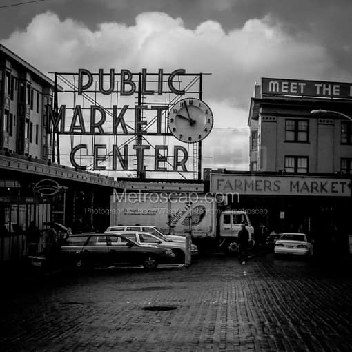 Matte Black MDF Framed Black and White Seattle Photograph: The Public Market Center Sign at Pike and First in a Square Matte Black MDF Frame