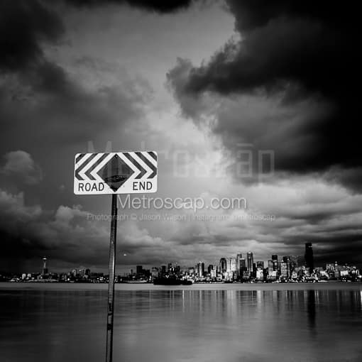 Matte Black MDF Framed Black and White Seattle Photograph: The End of the Road in a Square Matte Black MDF Frame