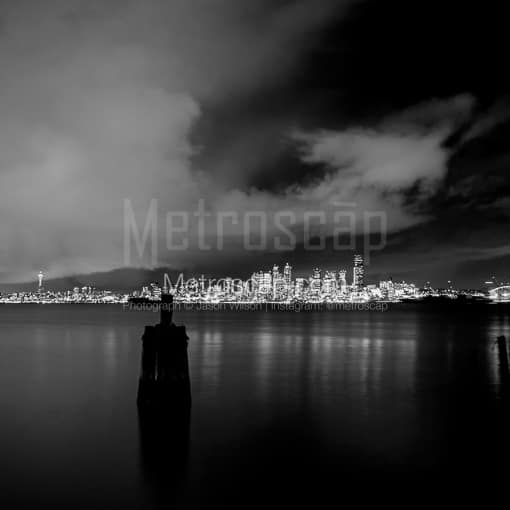 Matte Black MDF Framed Black and White Seattle Photograph: The Seattle Skyline in a Square Matte Black MDF Frame