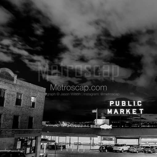 Matte Black MDF Framed Black and White Seattle Photograph: The Seattle Public Market Sign at Night in a Square Matte Black MDF Frame