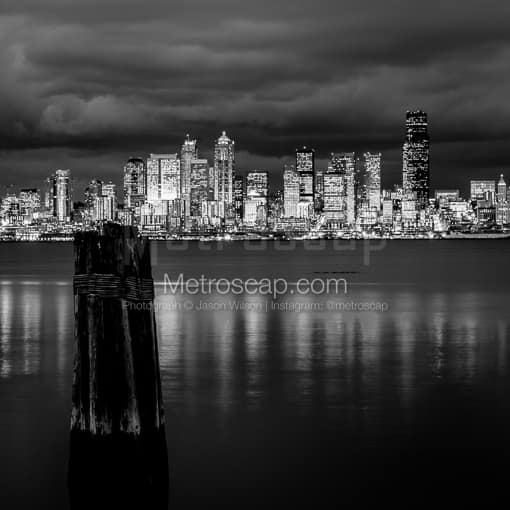 Matte Black MDF Framed Black and White Seattle Photograph: The Seattle Skyline at Dusk from Elliot Bay in a Square Matte Black MDF Frame