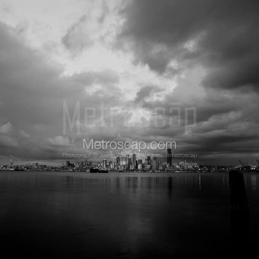 Matte Black MDF Framed Black and White Seattle Photograph: The Seattle Skyline Just Before Dusk in a Square Matte Black MDF Frame