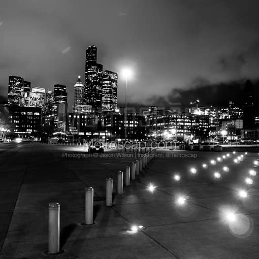 Matte Black MDF Framed Black and White Seattle Photograph: The Seattle Skyline from Qwest Parkling Lot in a Square Matte Black MDF Frame