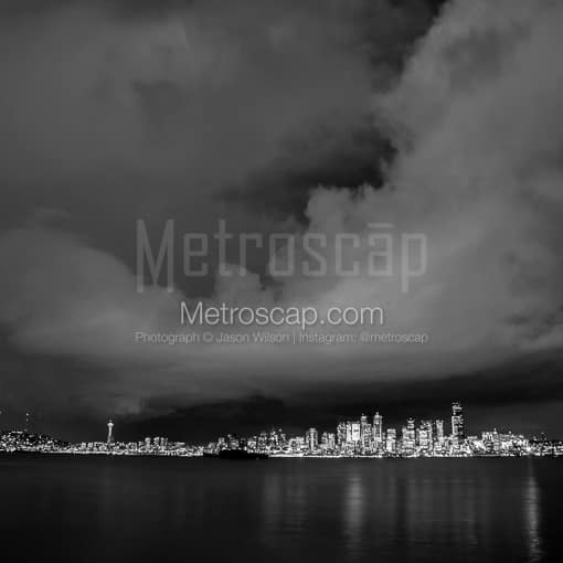 Matte Black MDF Framed Black and White Seattle Photograph: The Seattle Skyline from Seacrest Marina Park in a Square Matte Black MDF Frame